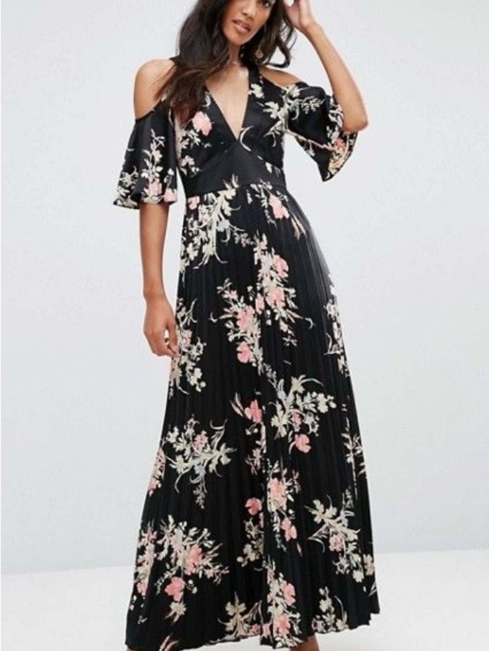 ASOS Black Floral Cold-Shoulder Maxi Dress with Pink and Cream Flowers